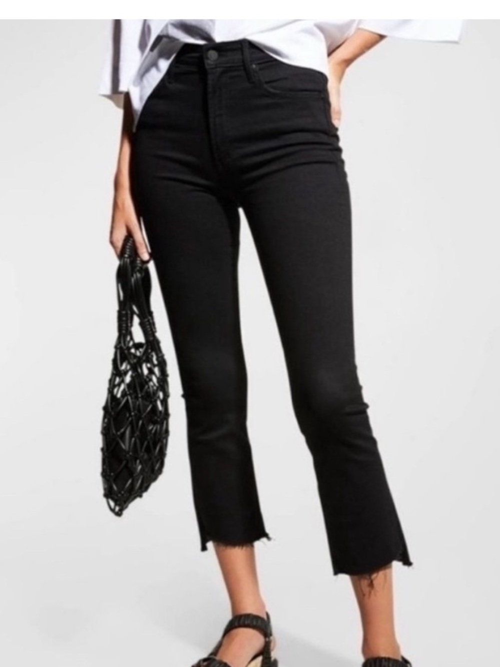 MOTHER Insider High-Rise Crop Raw Hem Jeans in Black